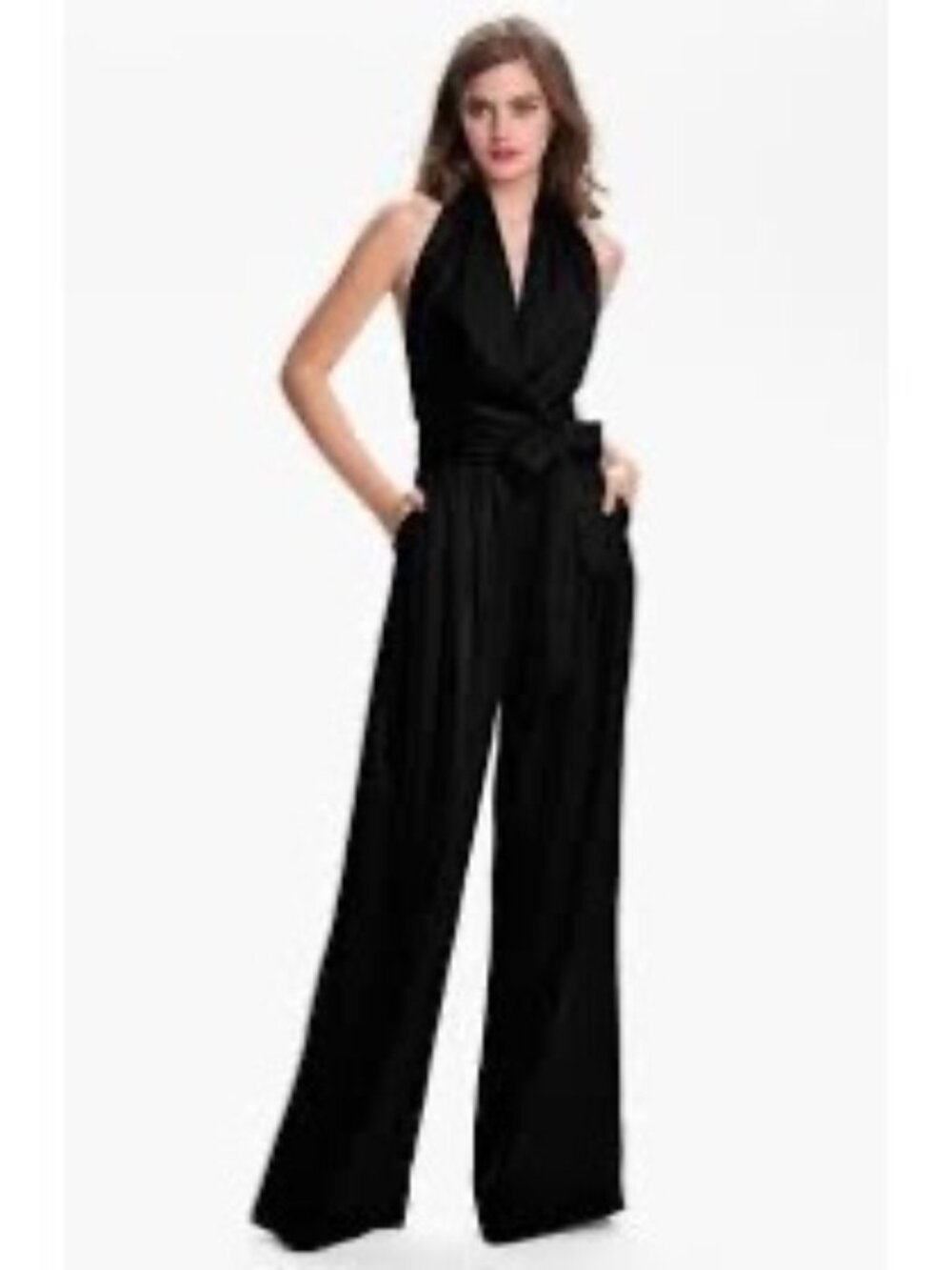 Robert Rodriguez V Neck Black Halter Open Back Wide Leg Business Casual Jumpsuit